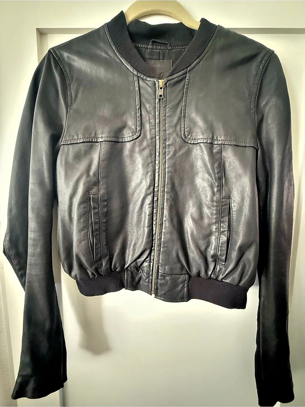Joie Genuine Leather Black Bomber Jacket Gathered Back Size M